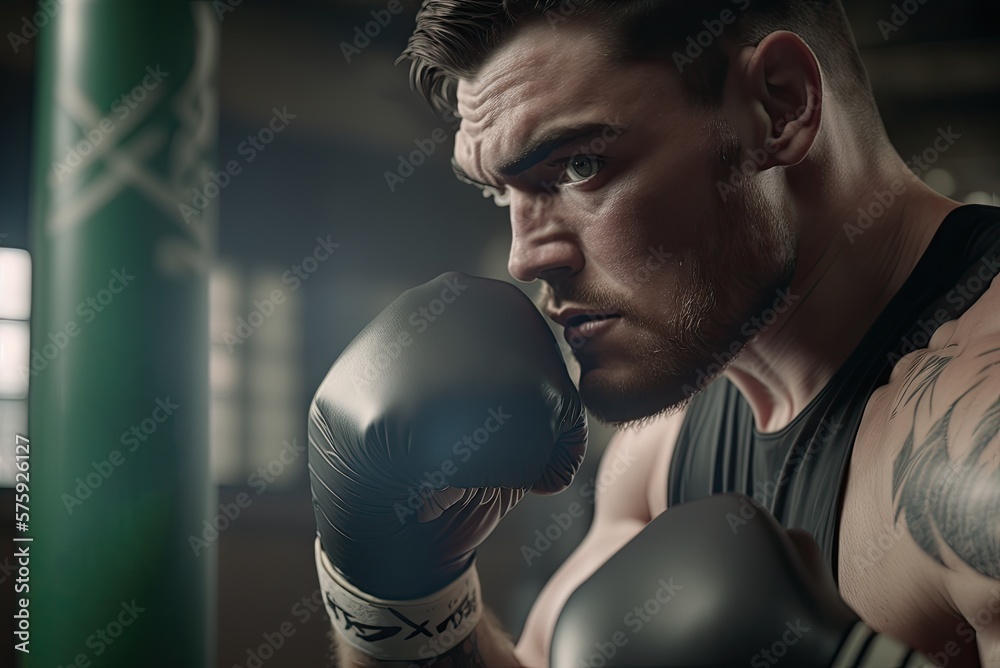 Man training boxing at gym. Ai generative. Man training boxing at gym. Ai generative.