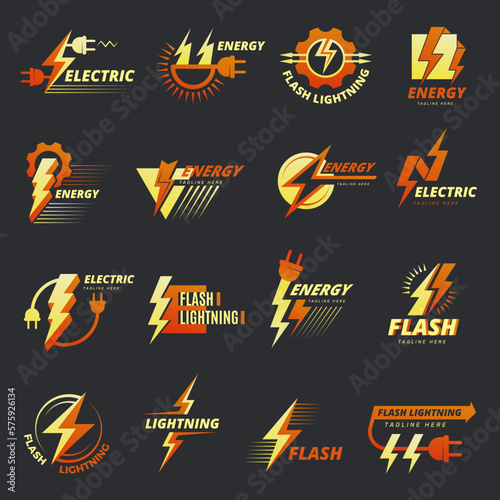 Electricity logo. Flash bolts power symbols for badges recent vector templates set