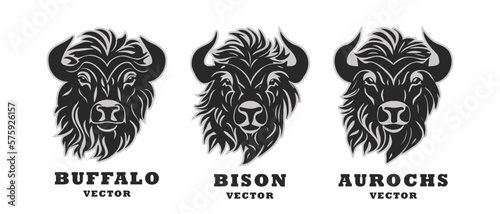 Vector simple stencil set of buffalo, bison and aurochs horned heads. Monochrome black and white logos, stickers or icons. White isolated background.