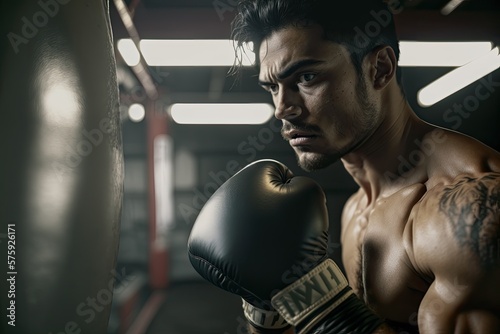 Man training boxing at gym. Ai generative. © Nataly