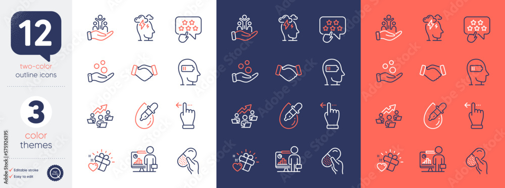 Set of Ranking star, Touchscreen gesture and Donation money line icons. Include Capsule pill, Love gift, Inclusion icons. Stress, Teamwork chart, Handshake web elements. Weariness. Vector Set of Ranking star, Touchscreen gesture and Donation money line icons. Include Capsule pill, Love gift, Inclusion icons. Stress, Teamwork chart, Handshake web elements. Weariness. Vector