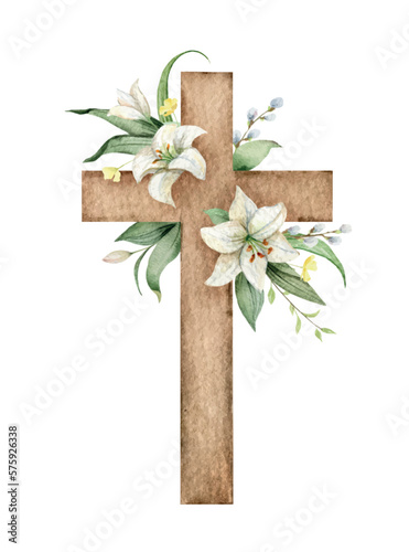Christian vector Cross made of green leaves and white Lily flowers.