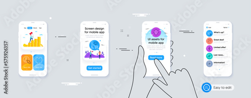 Set of Smartphone statistics, Buyer think and User line icons. Phone ui interface. Include Face biometrics, Bitcoin system, Card icons. Luggage, Puzzle, Instruction manual web elements. Vector