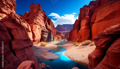 Photographie A canyon landscape with a river running through it, surrounded by striking red rock formations