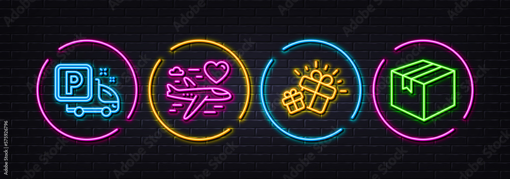 Truck parking, Gift and Honeymoon travel minimal line icons. Neon laser 3d lights. Parcel icons. For web, application, printing. Free park, Marketing box, Love trip. Shipping box. Vector