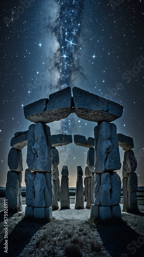 The pleiades star structure above stonehenge, night, landscape. Generative AI. photo