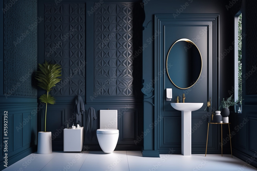 Modern bathroom interior design,bathroom with blank dark blue wall. Idea for design. AI - obrazy, fototapety, plakaty 