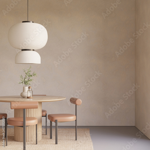 Modern japandi dining room interior with empty wall , dining table and chairs , pendant light , decor , 3d rendering photo