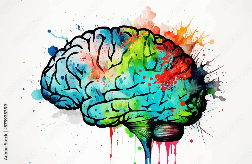 Brain illustration watercolor vivid colorful splashes style. Mental ...