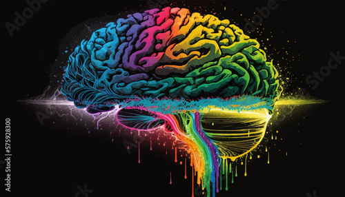 Brain illustration watercolor vivid colorful splashes style. Mental health awareness month.