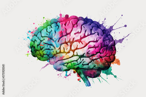 Brain illustration watercolor vivid colorful splashes style. Mental health awareness month.