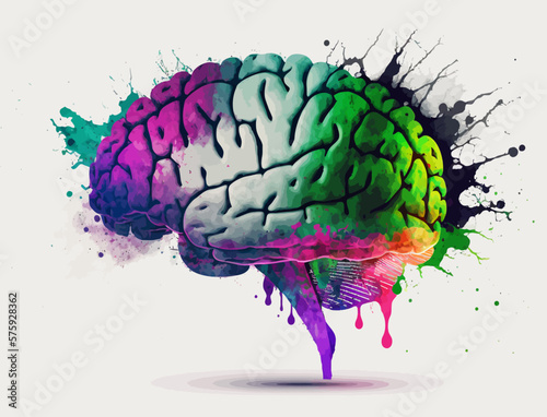 Brain illustration watercolor vivid colorful splashes style. Mental health awareness month.