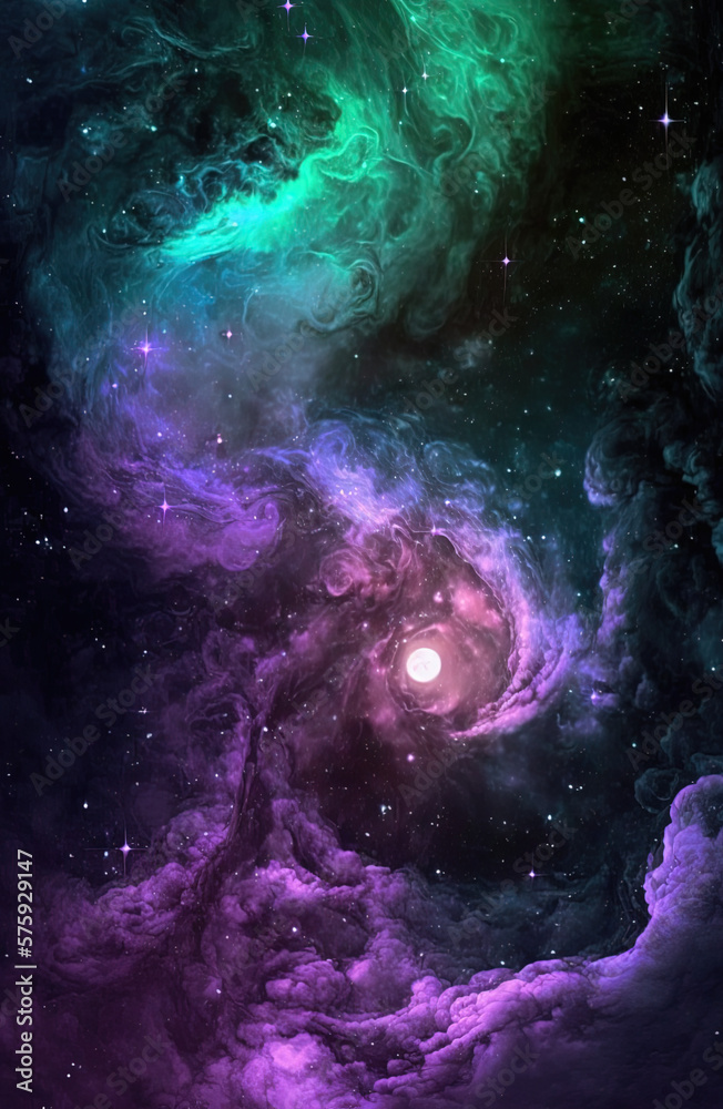 Nebula purple green. Generative AI.