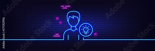 Neon light glow effect. User line icon. Profile with Lamp bulb sign. Male Person silhouette with idea symbol. 3d line neon glow icon. Brick wall banner. Person idea outline. Vector