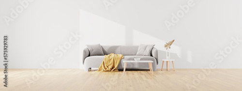 Living room interior wall mock up with gray fabric sofa and table and pillows on white background with free space on left during sunny day. 3d rendering.