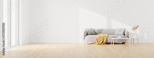 Living room interior wall mock up with gray fabric sofa and table and pillows on white background with free space on left with window during sunny day. 3d rendering.