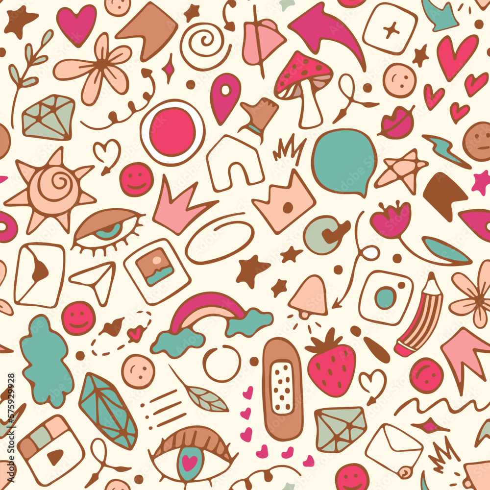 Doodle illustrations seamless pattern. Doodles, stars, sparkles, hearts, decorations, frames, speech bubbles, arrows, check boxes, spiral, egg, light bulb. Vector illustration Doodle illustrations seamless pattern. Doodles, stars, sparkles, hearts, decorations, frames, speech bubbles, arrows, check boxes, spiral, egg, light bulb. Vector illustration
