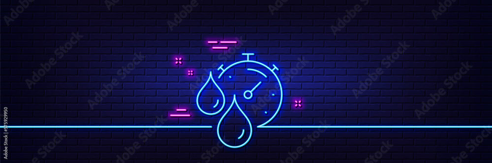 Neon light glow effect. Paint drying time line icon. Timer with dye drops sign. Dry time symbol. 3d line neon glow icon. Brick wall banner. Timer outline. Vector Neon light glow effect. Paint drying time line icon. Timer with dye drops sign. Dry time symbol. 3d line neon glow icon. Brick wall banner. Timer outline. Vector