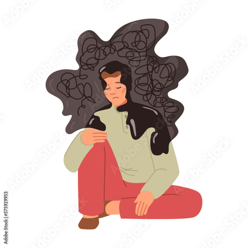 Nervous or anxious person overthinking, isolated personage with thoughts disrupting life. Fearful or stressed teenager upset character. Vector in flat style