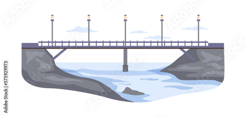 Bridge between river banks or islands. Architectural construction with road for vehicles, connection between lands. Overpass across water. Vector in flat style