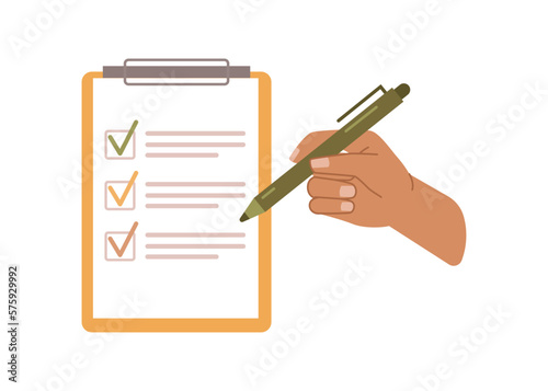 Signing agreement or contract, isolated hand with pen reading and scrutinize information on document. Insurance policy and coverage. Vector in flat style