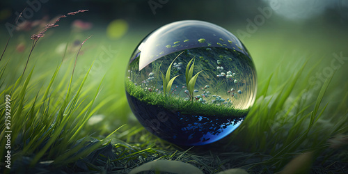 Fototapeta Naklejka Na Ścianę i Meble -  Concept of the Earth Day. Glass aquarium globe in the forest with grass and sunlight. Ai generative