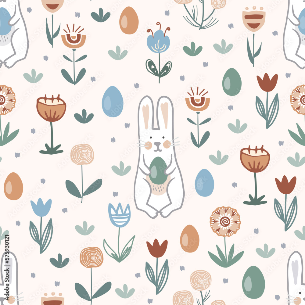 Pattern with hand drawn bunnies, Easter eggs and doodle flowers. Vector seamless pattern in Scandinavian, boho, country style for fabric, wrapping paper, clothing Pattern with hand drawn bunnies, Easter eggs and doodle flowers. Vector seamless pattern in Scandinavian, boho, country style for fabric, wrapping paper, clothing