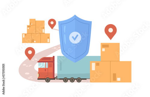 Insurance policy protecting and covering transportation, cargo and logistics services warranty and assurance. Shield and location pointer. Flat cartoon, vector illustration