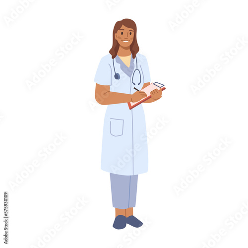 Doctor or nurse woman with documents filling in form on reception. Isolated medicine worker in hospital or clinic. Flat cartoon character, vector illustration