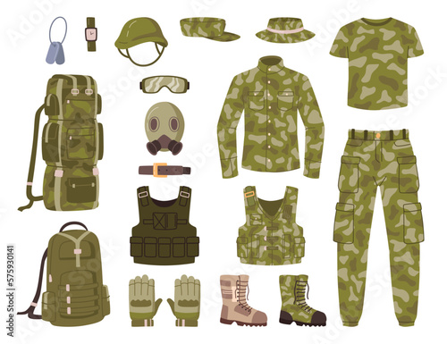 Clothes and military equipment for soldiers. Isolated costumes, gloves and boots, hat and goggles, life vest for protection. Flat cartoon, vector illustration
