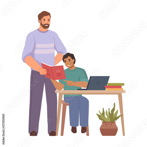Father helping son with homework and assignments from school. Isolated dad and kid by table with books and laptop pc. Flat cartoon, vector illustration