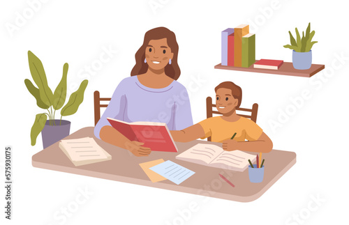 Mother helping son with homework from school. Mom reading with child writing down solution to problem, education and studying. Flat cartoon, vector illustration