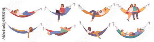 Men and women resting in hammocks, people lying and relaxing. Isolated personages reading book or working on laptop. Flat cartoon, vector illustration
