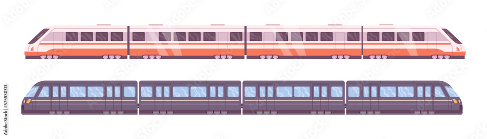 Train transport, isolated car with windows and high speed. Transportation and traveling, means of commuting and making trips. Flat cartoon, vector illustration