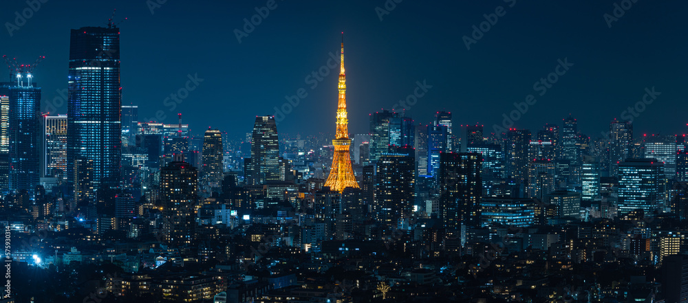 Fototapeta premium 日本 東京都渋谷区の恵比寿ガーデンプレイスタワーのスカイラウンジから眺める東京の夜景と東京タワー