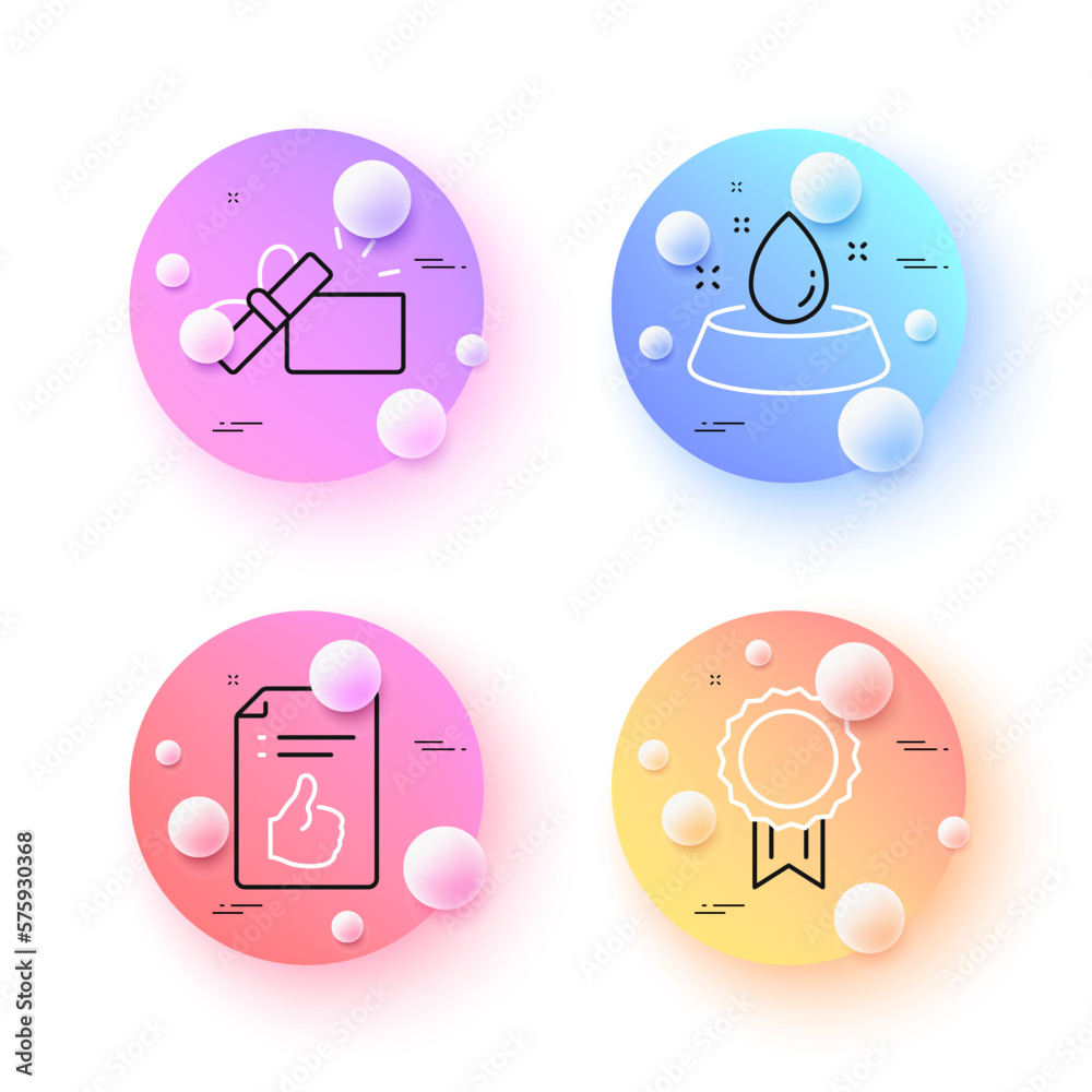Approved document, Opened gift and Reward minimal line icons. 3d spheres or balls buttons. Water bowl icons. For web, application, printing. Like symbol, Present box, Best medal. Pets feeding. Vector Approved document, Opened gift and Reward minimal line icons. 3d spheres or balls buttons. Water bowl icons. For web, application, printing. Like symbol, Present box, Best medal. Pets feeding. Vector