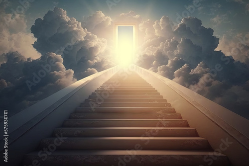 Conceptual image of steps leading to open door in sky with clouds. Generative AI