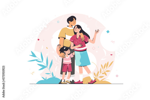 Portrait of happy family posing together. Happy parents with daughter having fun together. Cartoon isolated flat illustration © roxime