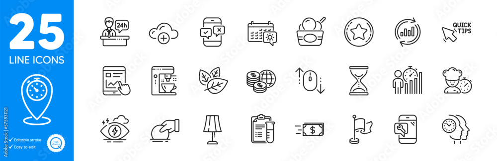 Outline icons set. World money, Quick tips and Stress icons. Time hourglass, Money transfer, Phone survey web elements. Phone repair, Update data, Business statistics signs. Donate. Vector Outline icons set. World money, Quick tips and Stress icons. Time hourglass, Money transfer, Phone survey web elements. Phone repair, Update data, Business statistics signs. Donate. Vector