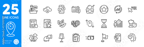 Outline icons set. World money, Quick tips and Stress icons. Time hourglass, Money transfer, Phone survey web elements. Phone repair, Update data, Business statistics signs. Donate. Vector