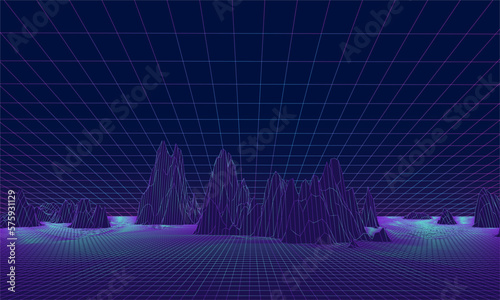 Vector wireframe landscape virtual space with neon colours. Vector illustration of metaverse dimension.