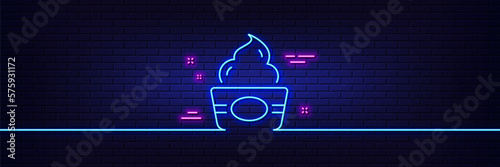 Neon light glow effect. Ice cream cup line icon. Vanilla sundae sign. Frozen yogurt dessert symbol. 3d line neon glow icon. Brick wall banner. Ice cream outline. Vector