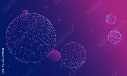 Space with spheres and stars in the background. Vector wireframe landscape with neon colours. Vector illustration of metaverse dimension. Digital world, virtual reality.