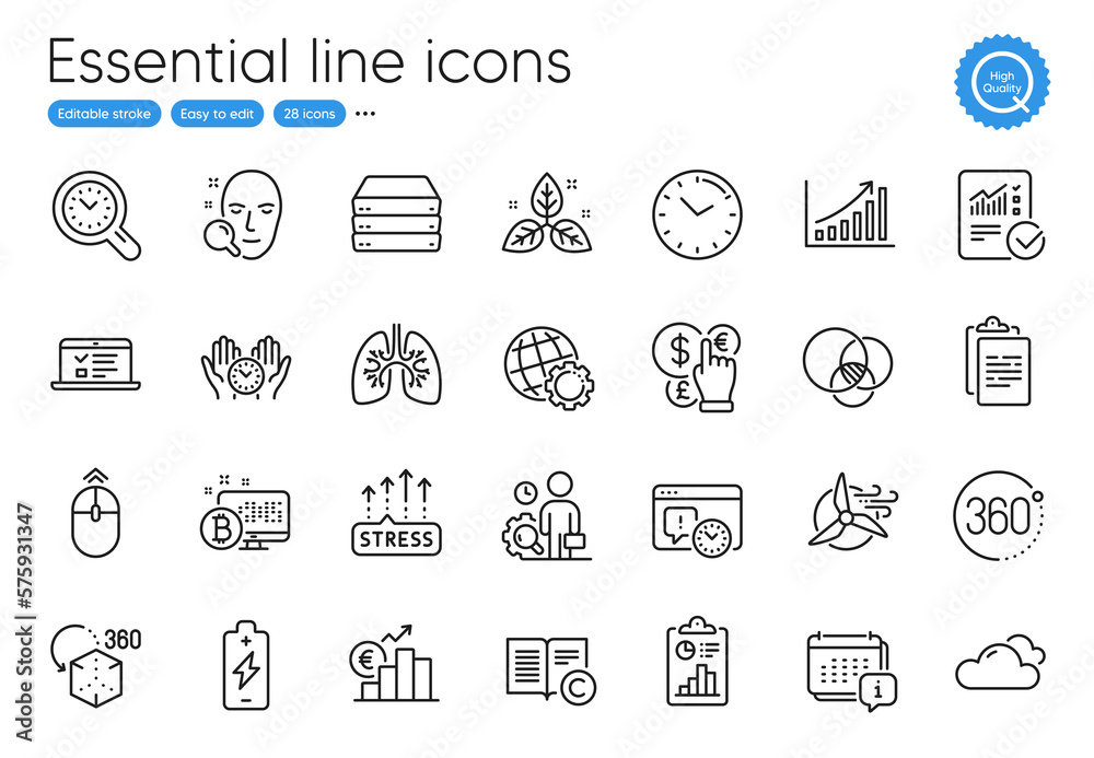 Fair trade, Time management and Inspect line icons. Collection of Servers, Safe time, Project deadline icons. Bitcoin system, Clipboard, Copyright web elements. Lungs, Swipe up, Cloudy weather. Vector - obrazy, fototapety, plakaty 