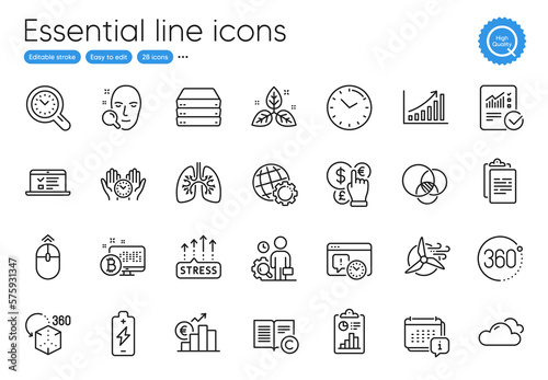 Fair trade, Time management and Inspect line icons. Collection of Servers, Safe time, Project deadline icons. Bitcoin system, Clipboard, Copyright web elements. Lungs, Swipe up, Cloudy weather. Vector