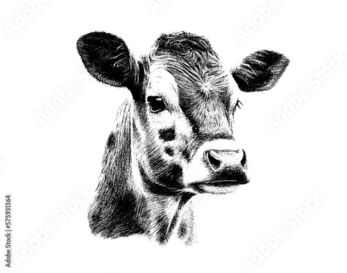 Depicted in pencil the head of a cow, a calf on a white isolated background. Engraved drawing. Bull. Black and white style. Ideal for postcard, book, poster, banner. Doodle. Vector illustration