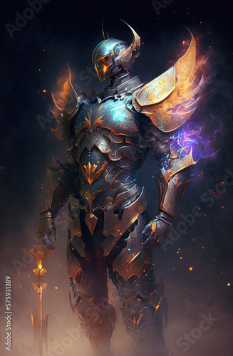 Knight with golden butterflies  smoke  epic. Generative AI.