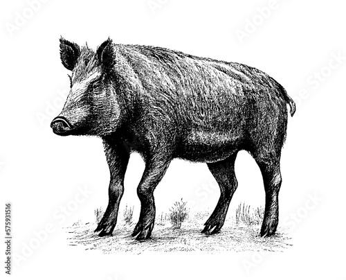Drawn in pencil Boar isolated on white background. Engraved drawing. Black and white style. Wild boar, pig, pig, male. In full growth. Doodle. Vector illustration