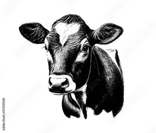Drawn in pencil the head of a calf on a white isolated background. Engraved drawing. Bull, cow. Black and white style. Ideal for postcard, book, poster, banner. Doodle. Vector illustration