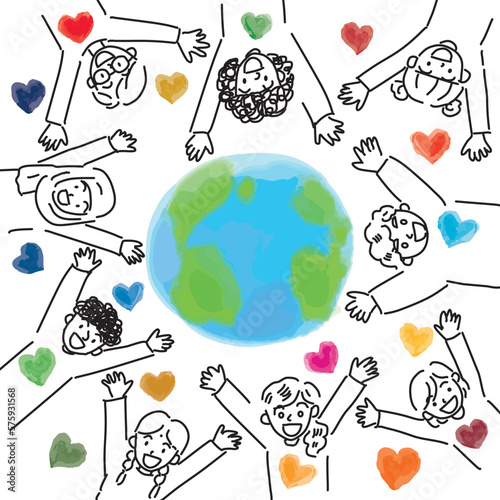SDGsイメージのハートと世界の子供たちと地球のかわいいイラスト（南半球）